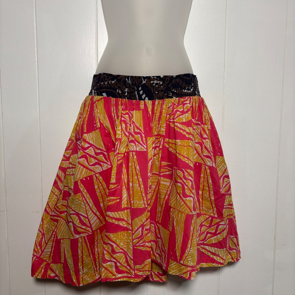Vanessa Virginia Anthropologie Pink Yellow Abstract Cotton Smocked Skirt Sz 2 XS